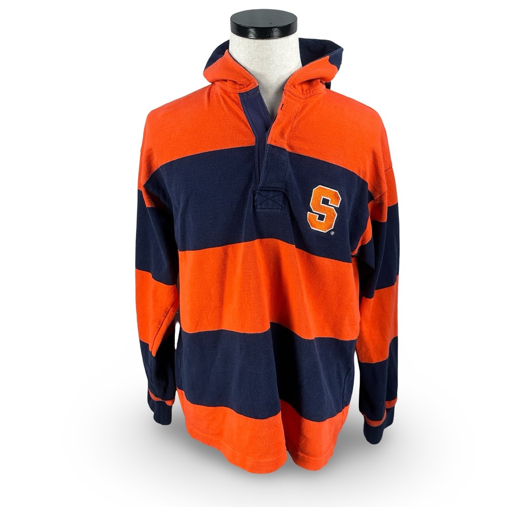 Barbarian Syracuse University Hooded Rugby Shirt Mens Large Orange Navy Striped